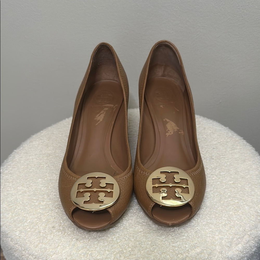 Tory Burch Tan Sally Wedge Pumps with Logo Medallion